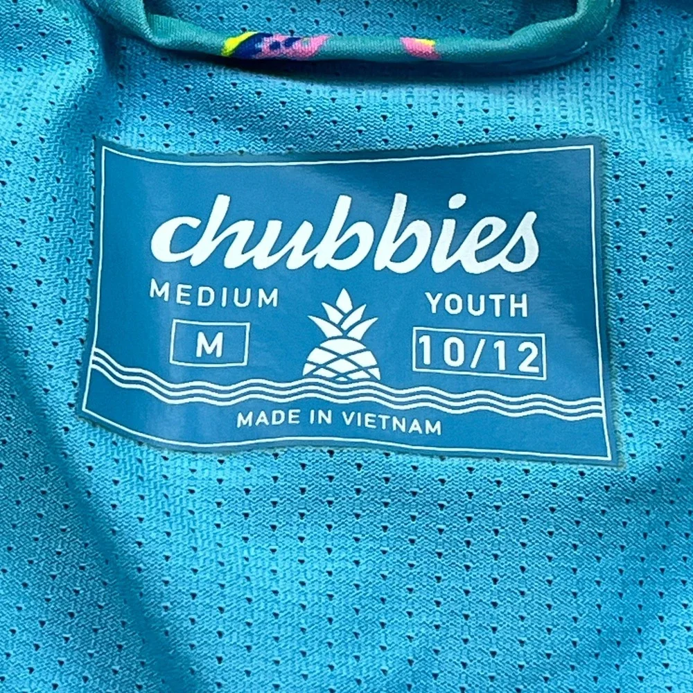 Chubbies Dino Delights Swim Trunks Youth 10/12 Teal Dinosaur Lined Mesh Pockets